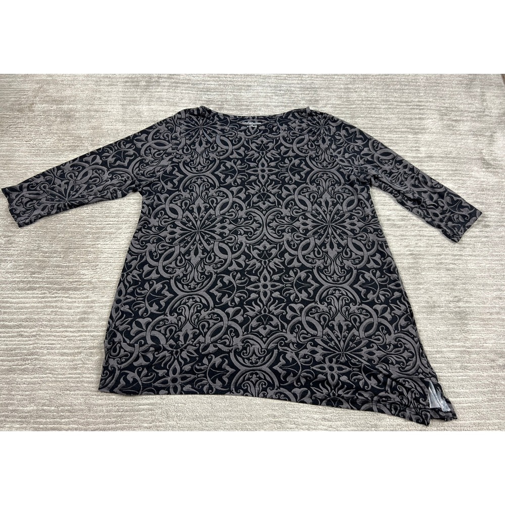 Croft & Barrow Tunic Womens 2X Grey Black Damask Scroll 3/4 Sleeve Asymmetrical